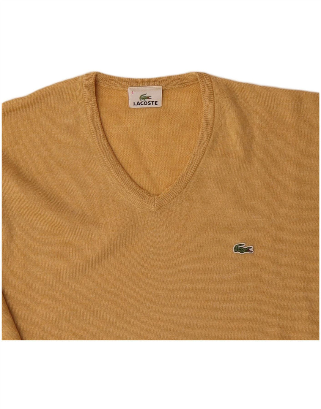 LACOSTE Mens V-Neck Jumper Sweater Size 6 XL Yellow Virgin Wool