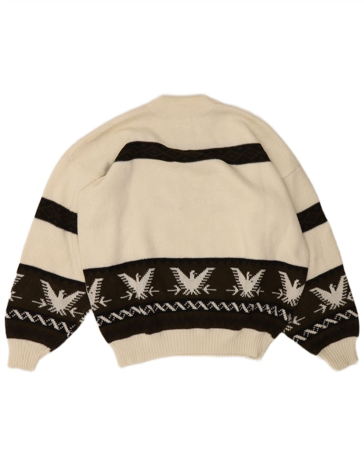 Vintage Mens Graphic Turtle Neck Jumper Sweater Large White Fair Isle