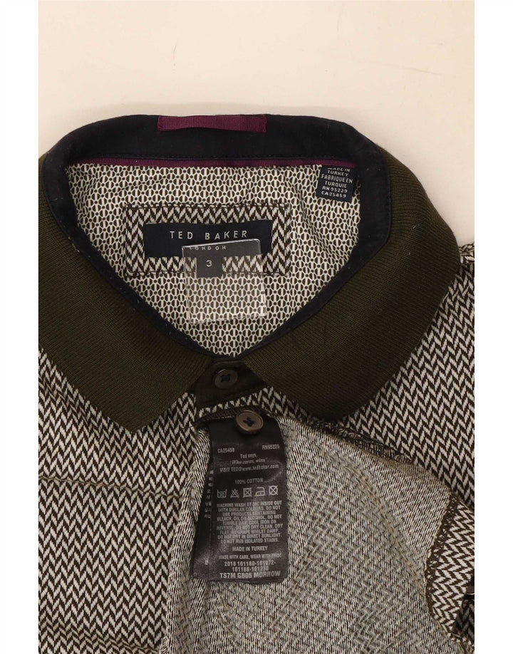 Ted Baker Mens Polo Shirt Size 3 Medium Khaki Geometric Cotton