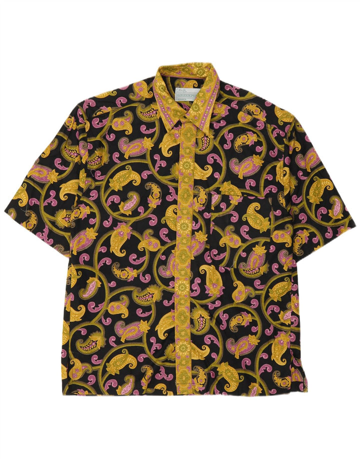 Vintage Mens Short Sleeve Shirt Medium Black Paisley Cotton