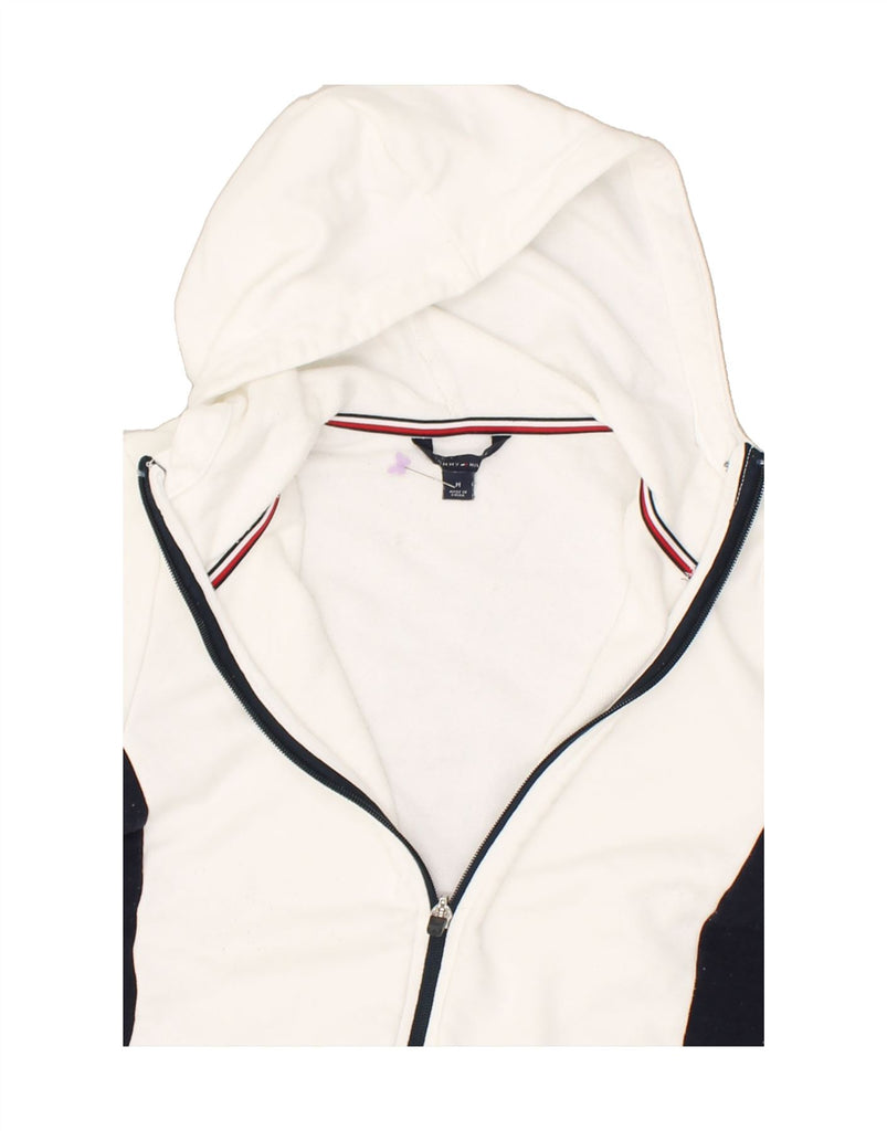 TOMMY HILFIGER Womens Graphic Zip Hoodie Sweater UK 12 Medium White | Vintage Tommy Hilfiger | Thrift | Second-Hand Tommy Hilfiger | Used Clothing | Messina Hembry 