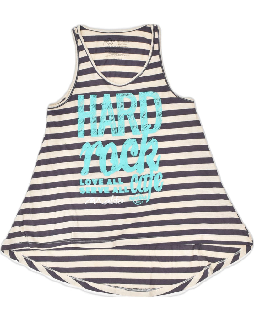 HARD ROCK CAFE Womens Malta Graphic Vest Top UK 10 Small Grey Striped | Vintage | Thrift | Second-Hand | Used Clothing | Messina Hembry 