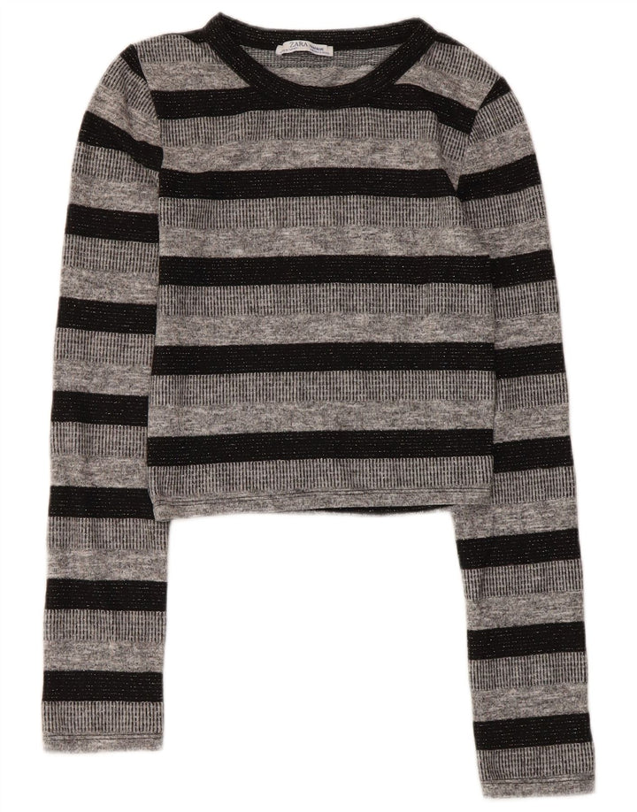 Zara Womens Trafaluc Crop Top Long Sleeve UK 8 Small Grey Striped Polyester