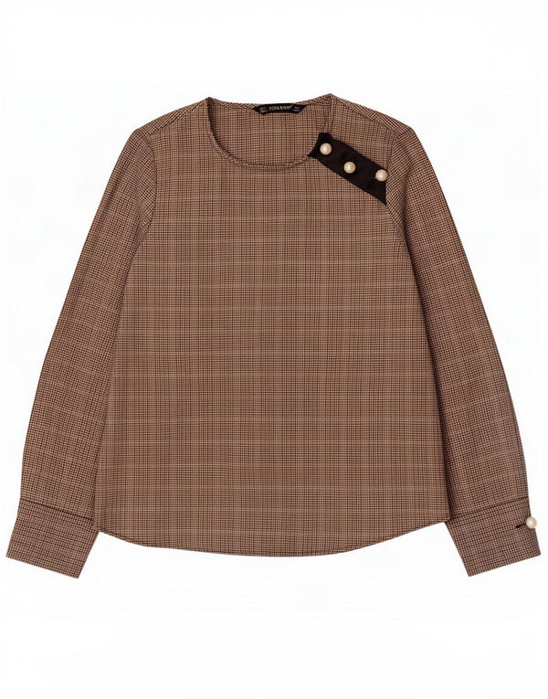 Zara Womens Long Sleeve Blouse Top UK 10 Small Brown Herringbone Polyester