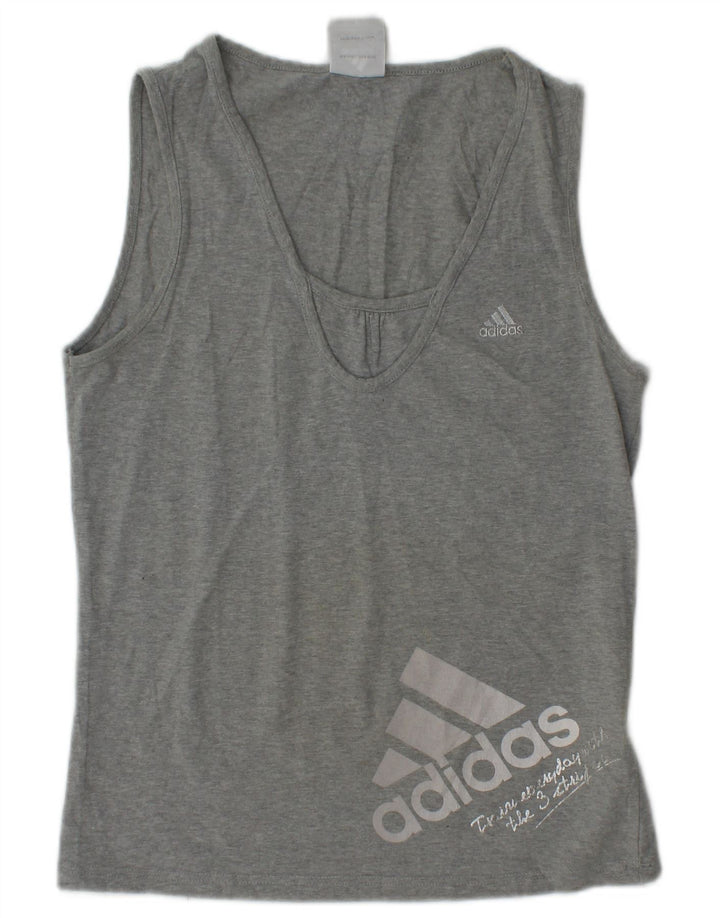 ADIDAS Womens Graphic Vest Top UK 12 Medium Grey Cotton