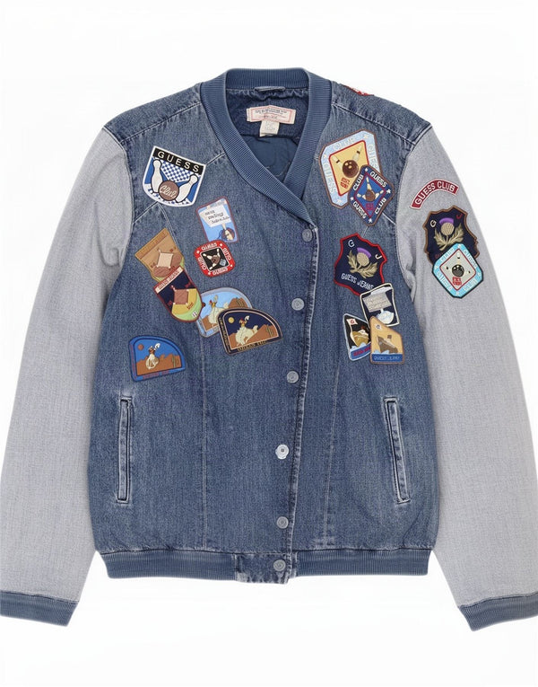 Guess Womens Graphic Oversized Denim Jacket UK 8 Small Blue Cotton