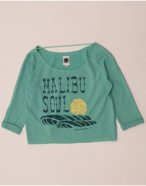 Maui and Sons Womens Crop Graphic Top 3/4 Sleeve UK 14 Medium Turquoise