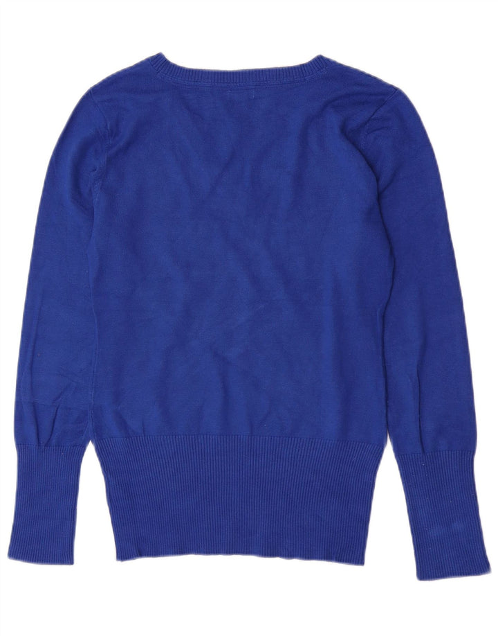 Guess Womens Graphic V-Neck Jumper Sweater UK 8 Small  Blue Rayon