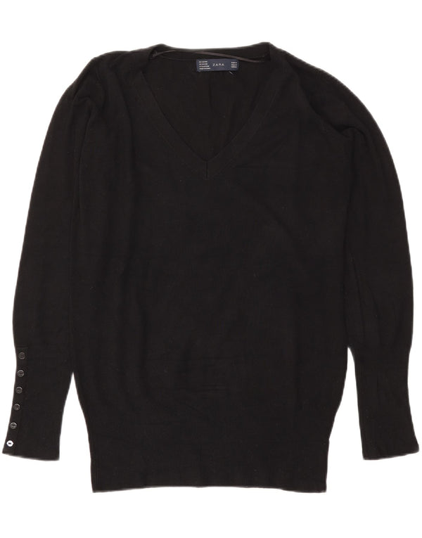 Zara Womens V-Neck Jumper Sweater UK 14 Medium Black Rayon