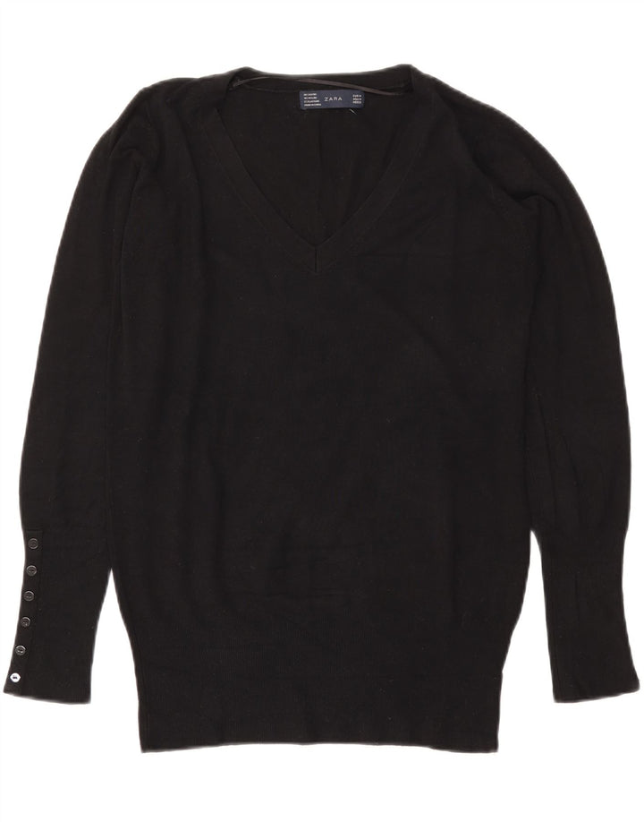 Zara Womens V-Neck Jumper Sweater UK 14 Medium Black Rayon