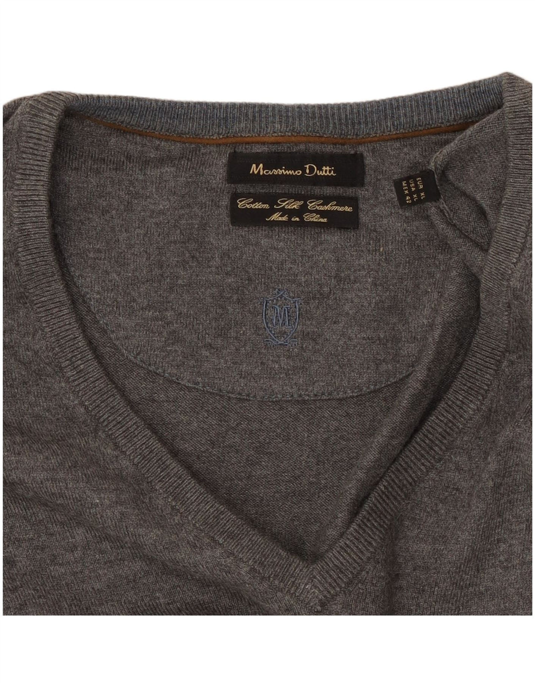 Massimo Dutti Mens V-Neck Jumper Sweater XL Grey Cotton