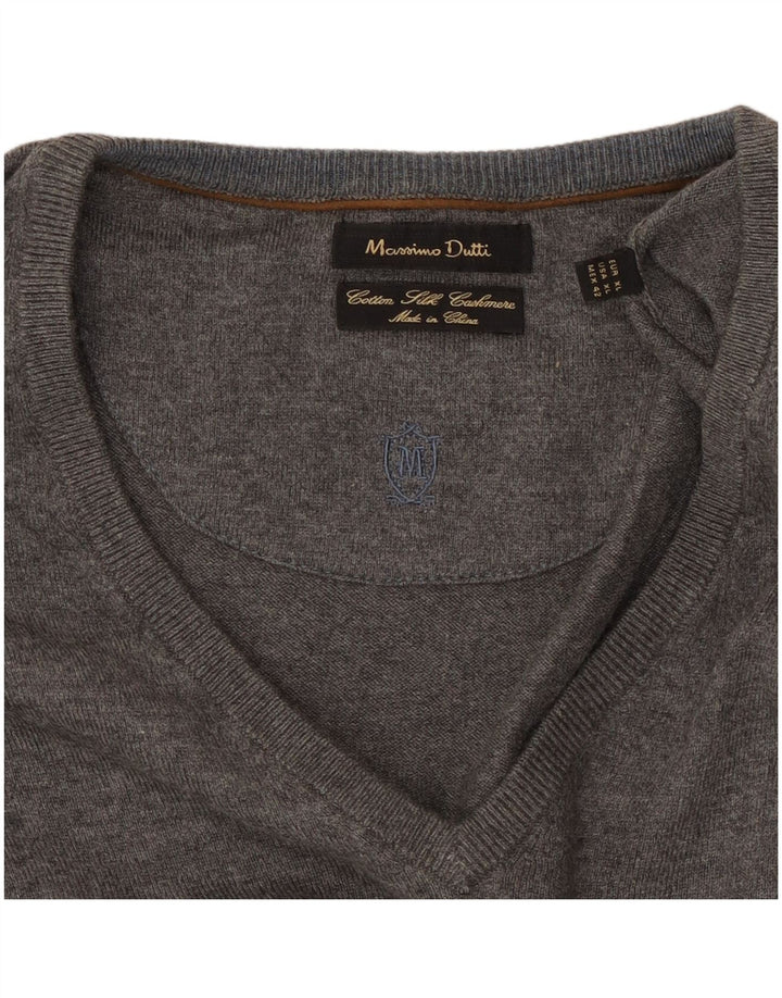 Massimo Dutti Mens V-Neck Jumper Sweater XL Grey Cotton