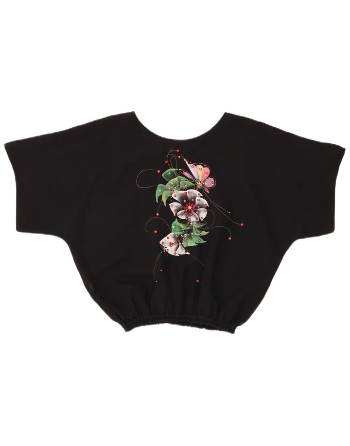Vintage Womens Crop Blouse Top UK 14 Medium Black Floral