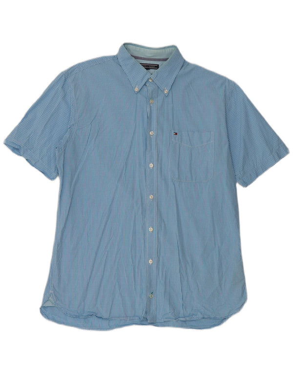 Tommy Hilfiger Mens Short Sleeve Custom Fit Shirt Large Blue Gingham Cotton