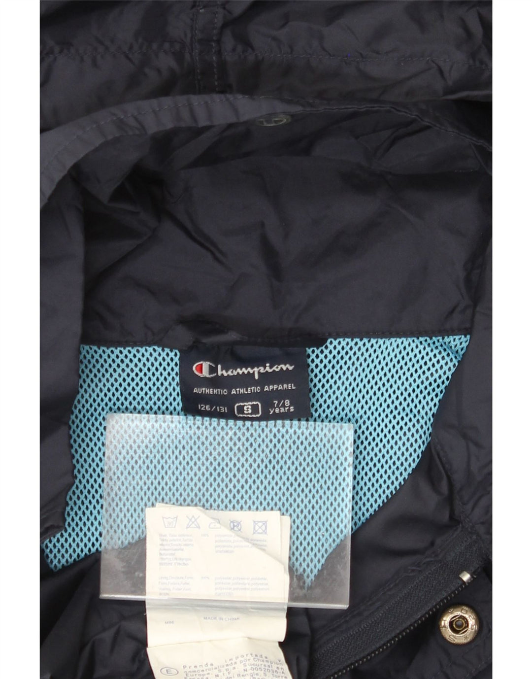CHAMPION Boys Hooded Rain Jacket 7-8 Years Small Navy Blue Polyamide