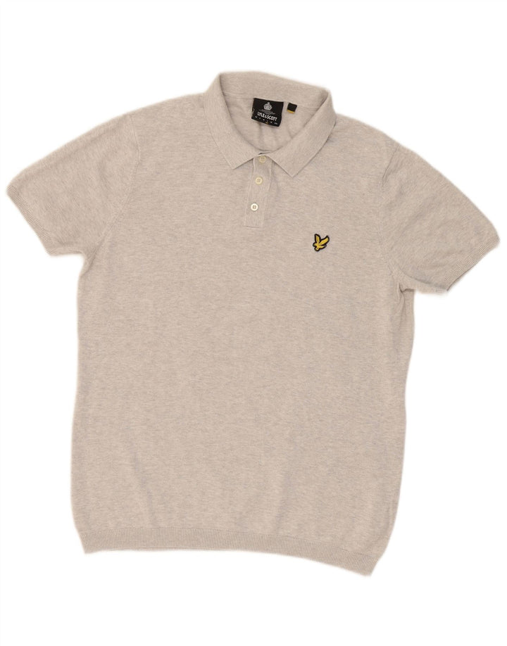 LYLE & SCOTT Mens Short Sleeve Polo Neck Jumper Sweater Large Grey Cotton