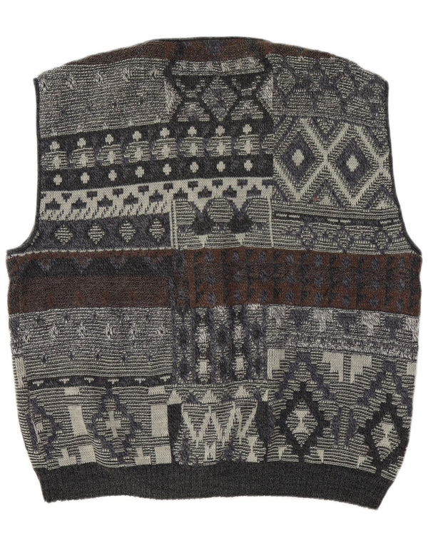 Vintage Mens Sleeveless Cardigan Sweater XL Grey Geometric