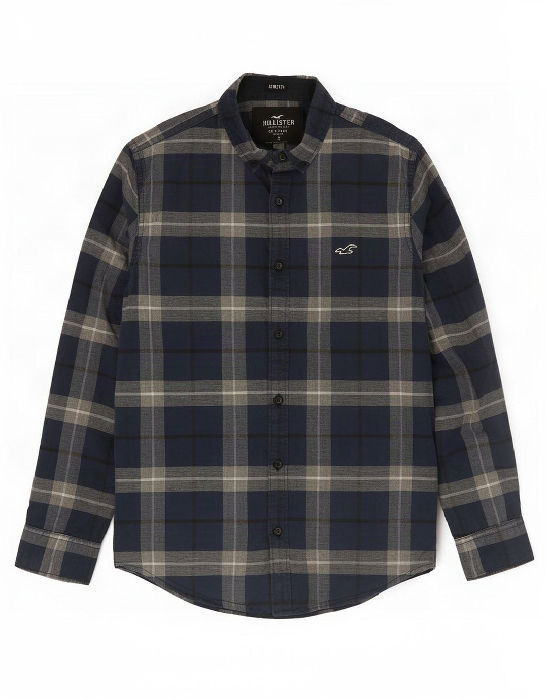 Hollister Mens Stretch Shirt Small Navy Blue Plaid Cotton