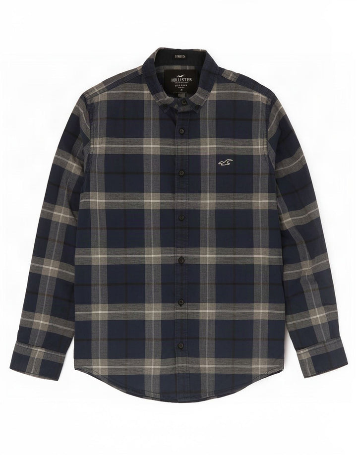 Hollister Mens Stretch Shirt Small Navy Blue Plaid Cotton