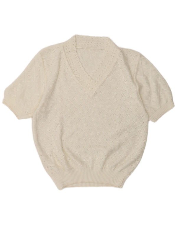 Vintage Womens Short Sleeve V-Neck Jumper Sweater UK 14 Medium White