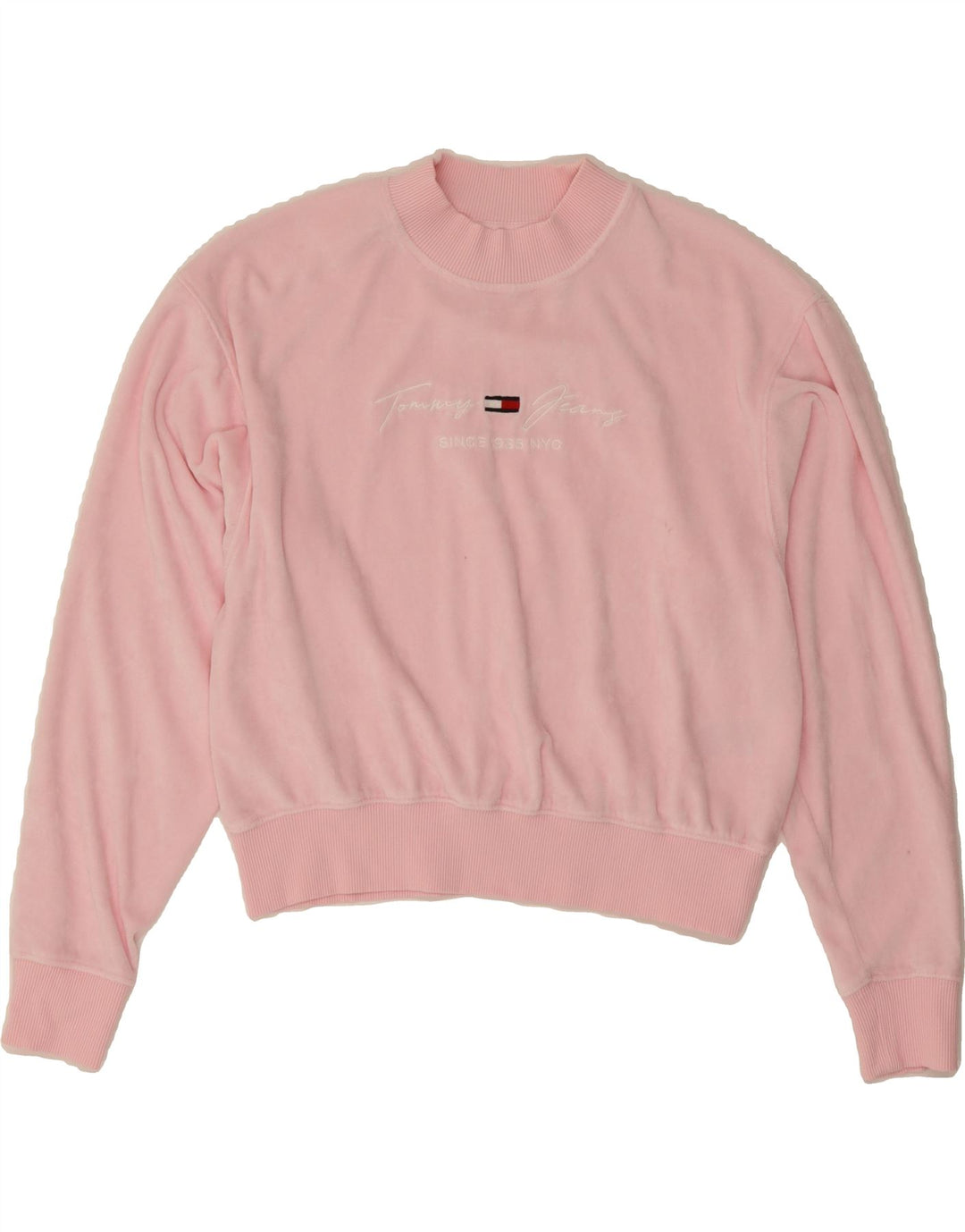 TOMMY HILFIGER Womens Crop Graphic Sweatshirt Jumper UK 14 Medium Pink Vintage Tommy Hilfiger and Second-Hand Tommy Hilfiger from Messina Hembry 