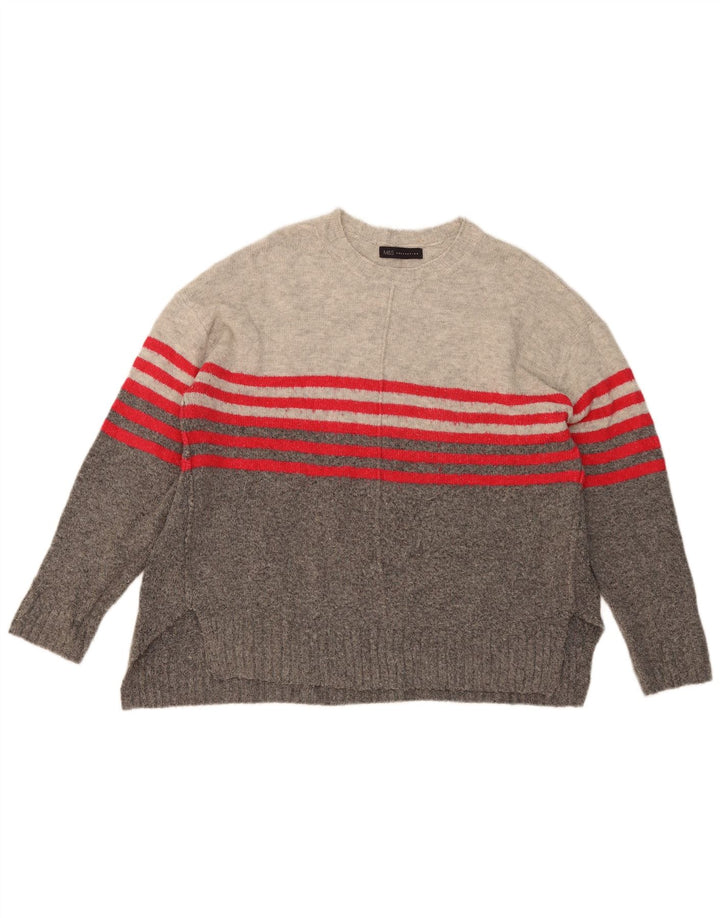 Marks & Spencer Womens Crew Neck Jumper Sweater UK 16 Large Grey Striped
