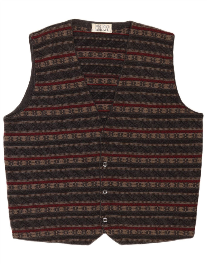 Vintage Mens Knit Waistcoat Medium Grey Fair Isle Virgin Wool