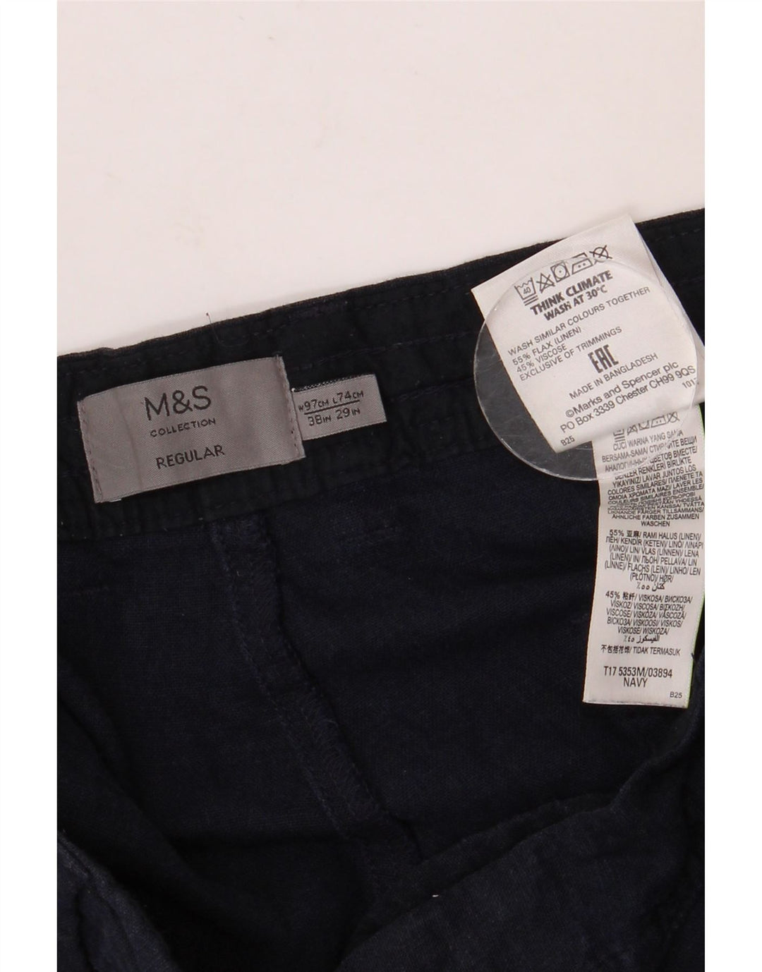 MARKS & SPENCER Mens Regular Fit Chino Trousers W38 L29 Navy Blue Linen