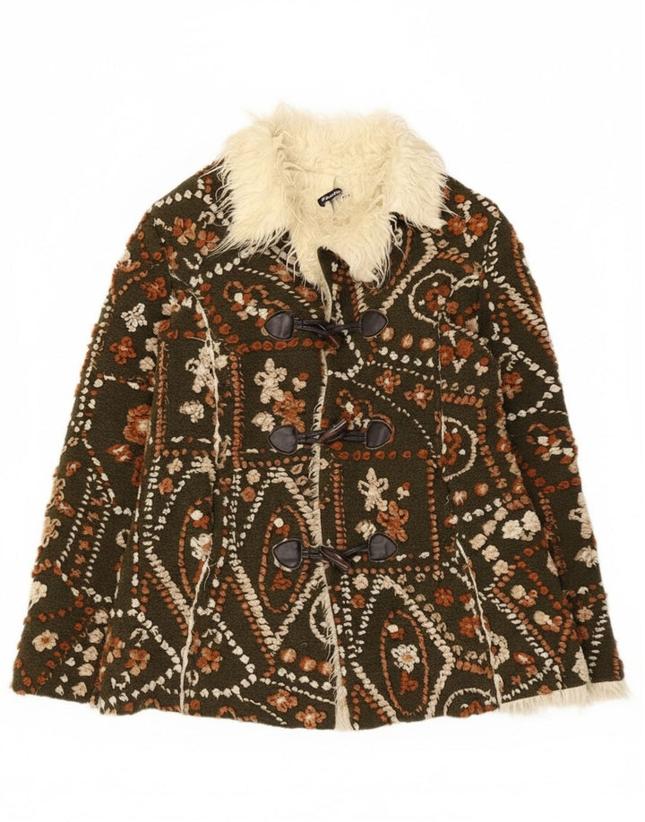 Fiondotinta Womens Sherpa Duffle Jacket UK 14 Medium Khaki Floral Wool