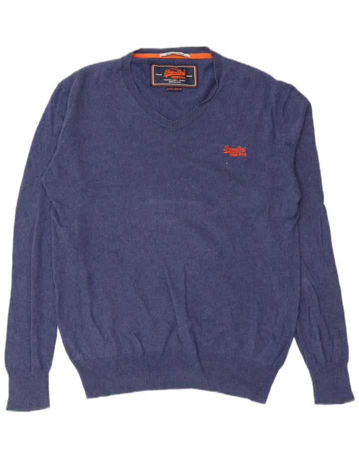 Superdry Mens V-Neck Jumper Sweater Large Blue Cotton
