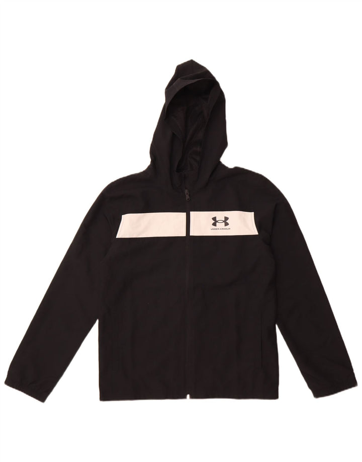 Under Armour Boys Hooded Rain Jacket 11-12 Years Large Black Colourblock