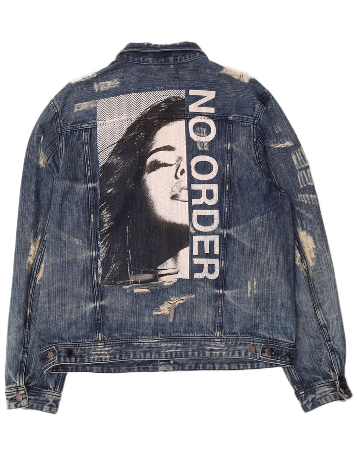 Guess Mens Dillon Graphic Distressed Denim Jacket UK 44 2XL Blue Cotton