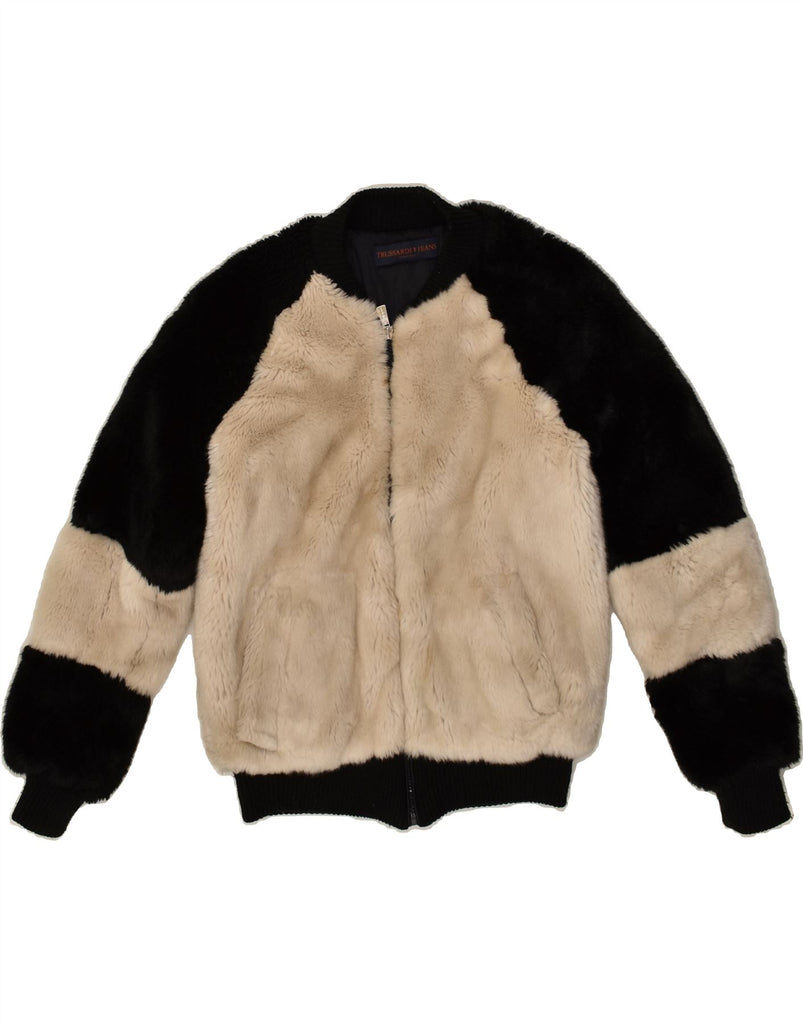 TRUSSARDI Girls Faux Fur Bomber Jacket 13-14 Years Beige Colourblock | Vintage Trussardi | Thrift | Second-Hand Trussardi | Used Clothing | Messina Hembry 