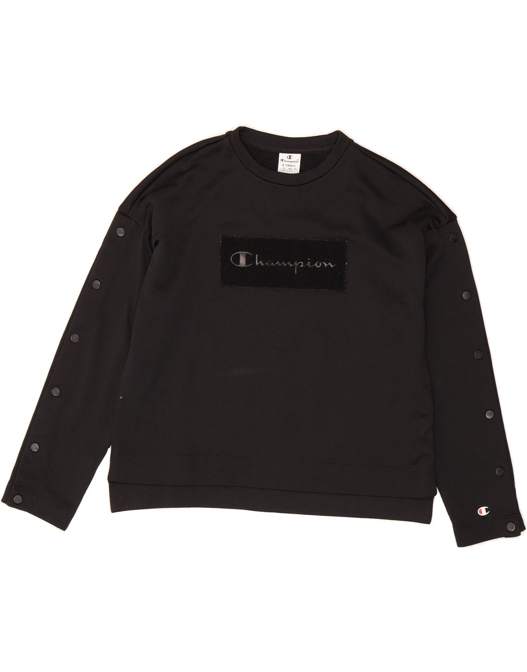 CHAMPION Womens Oversized Graphic Sweatshirt Jumper UK 6 XS Black Vintage Champion and Second-Hand Champion from Messina Hembry 