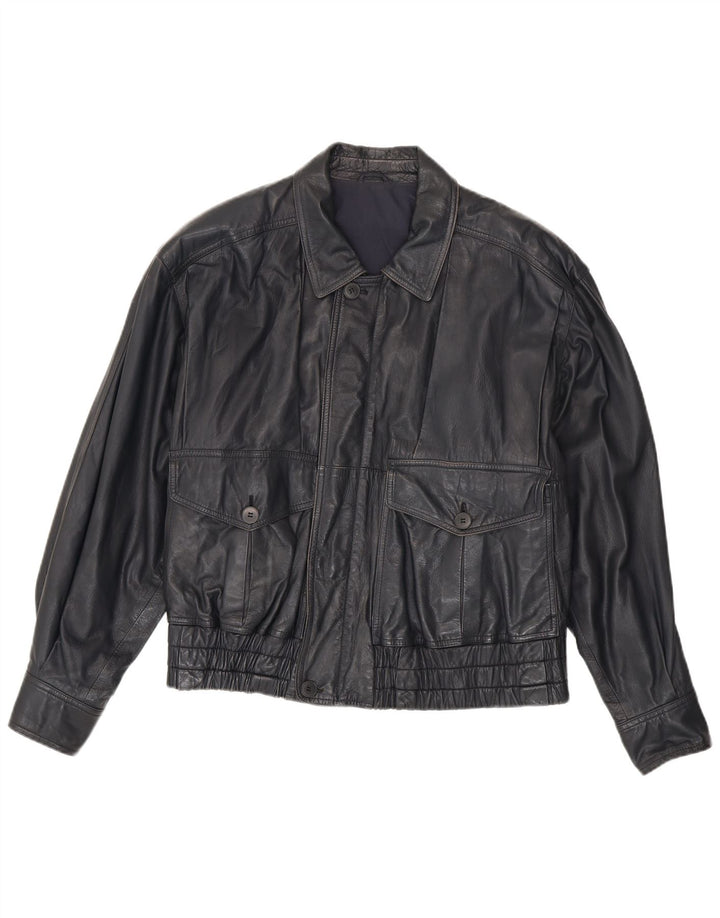 La Matta Mens Bomber Leather Jacket UK 38 Medium Navy Blue Leather