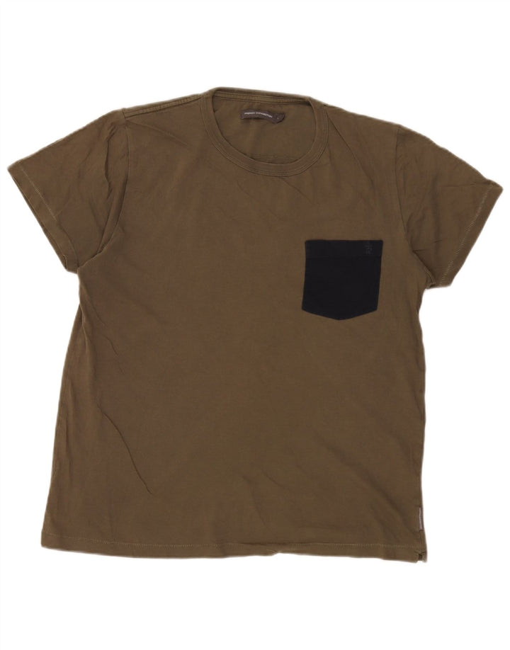 French Connection Mens T-Shirt Top Large Khaki Colourblock Cotton
