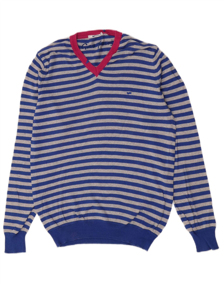Gas Mens V-Neck Jumper Sweater Medium Blue Striped Cotton