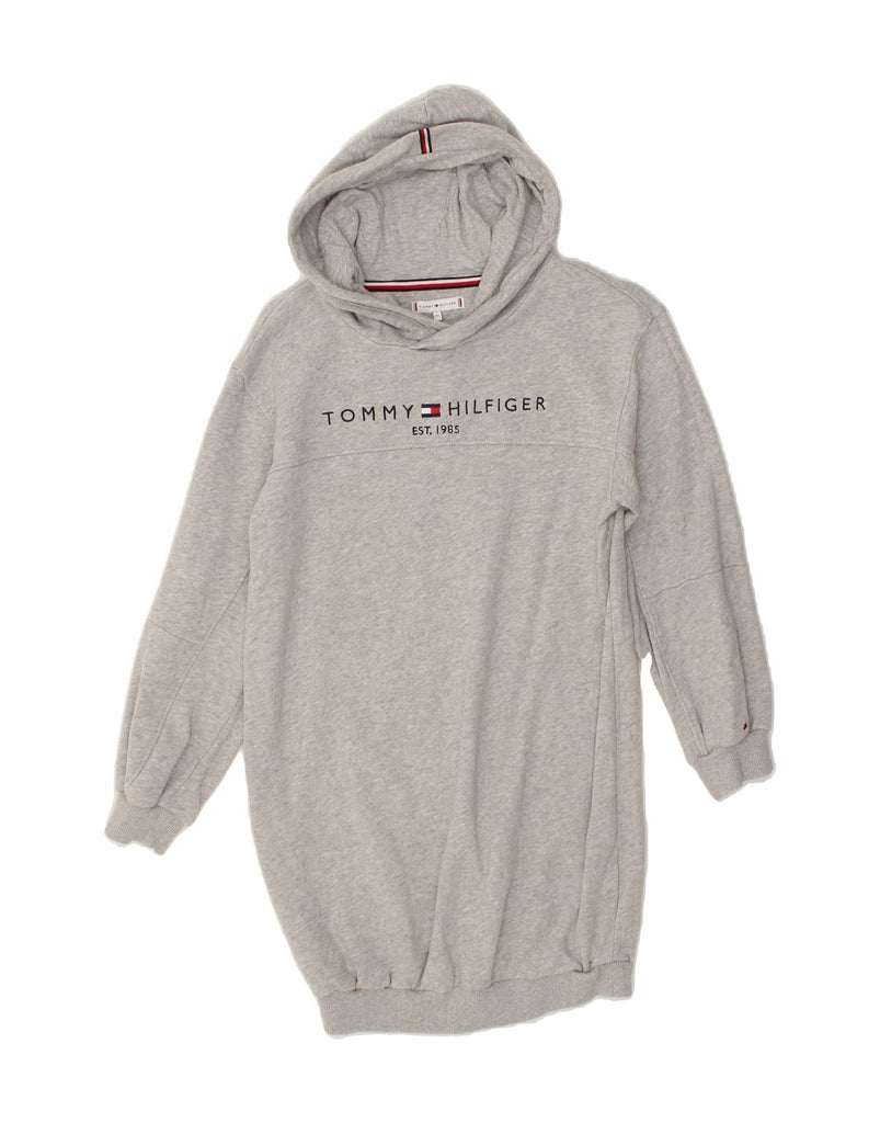 TOMMY HILFIGER Girls Graphic Hooded Jumper Dress 11-12 Years Grey Cotton | Vintage Tommy Hilfiger | Thrift | Second-Hand Tommy Hilfiger | Used Clothing | Messina Hembry 