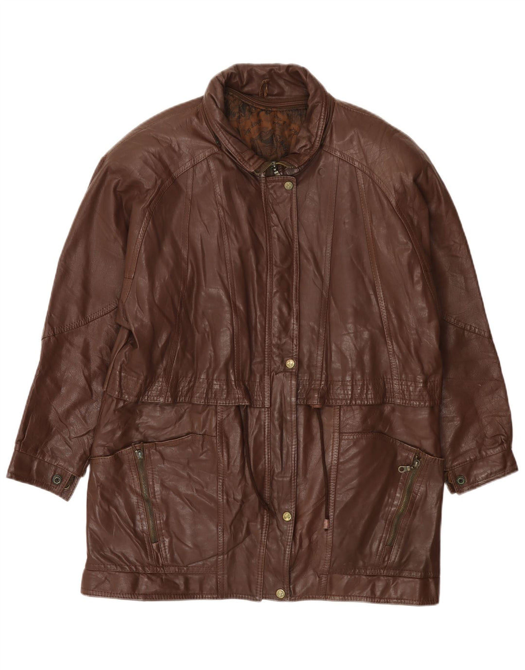 VINTAGE Womens Leather Coat UK 14 Large Brown