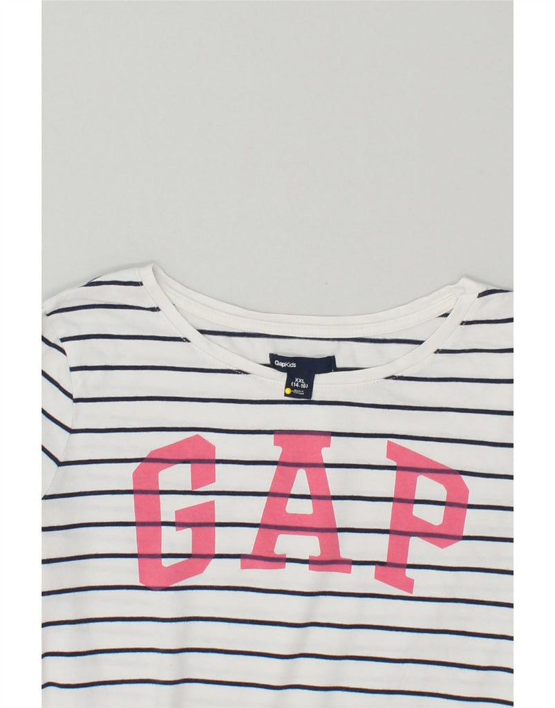 GAP Girls Graphic Top Long Sleeve 14-15 Years 2XL  White Striped Cotton | Vintage Gap | Thrift | Second-Hand Gap | Used Clothing | Messina Hembry 