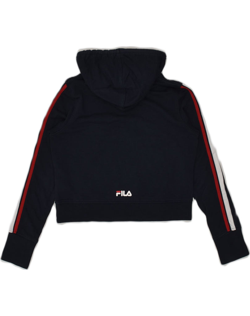 FILA Womens Crop Graphic Hoodie Jumper UK 6 XS Navy Blue Cotton | Vintage Fila | Thrift | Second-Hand Fila | Used Clothing | Messina Hembry 