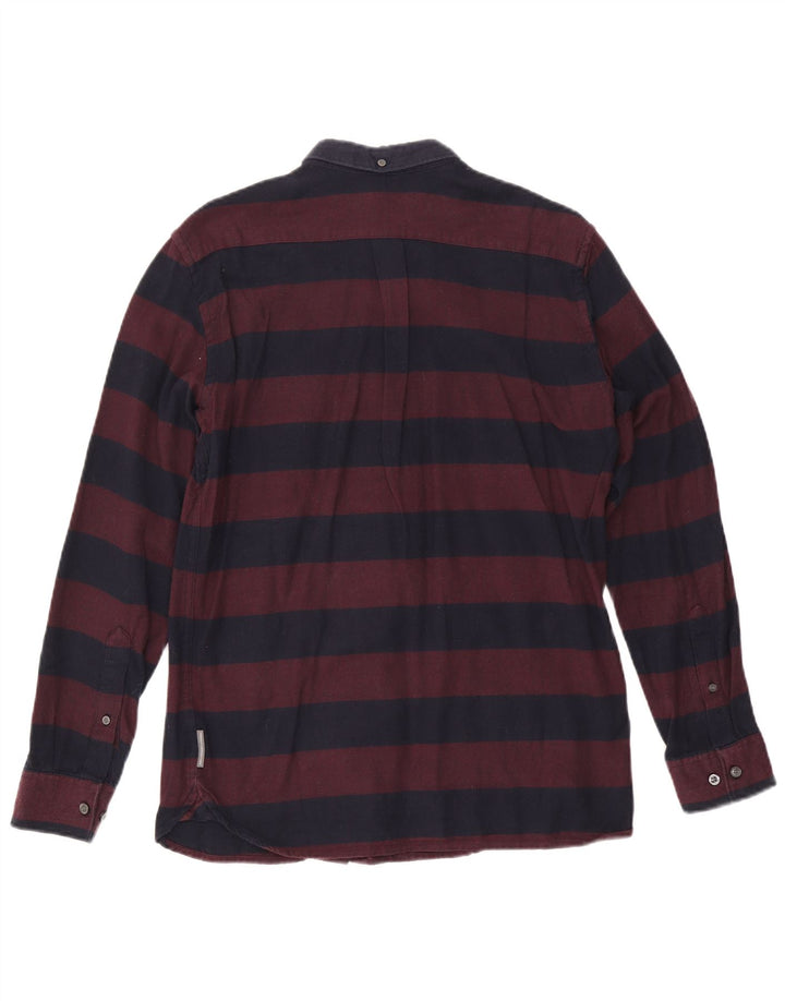 French Connection Mens Flannel Shirt Medium Burgundy Striped Cotton