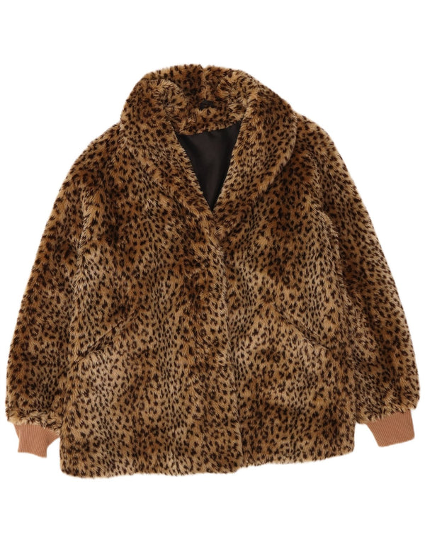 Vintage Womens Faux Fur Jacket UK 12 Medium Brown Animal Print