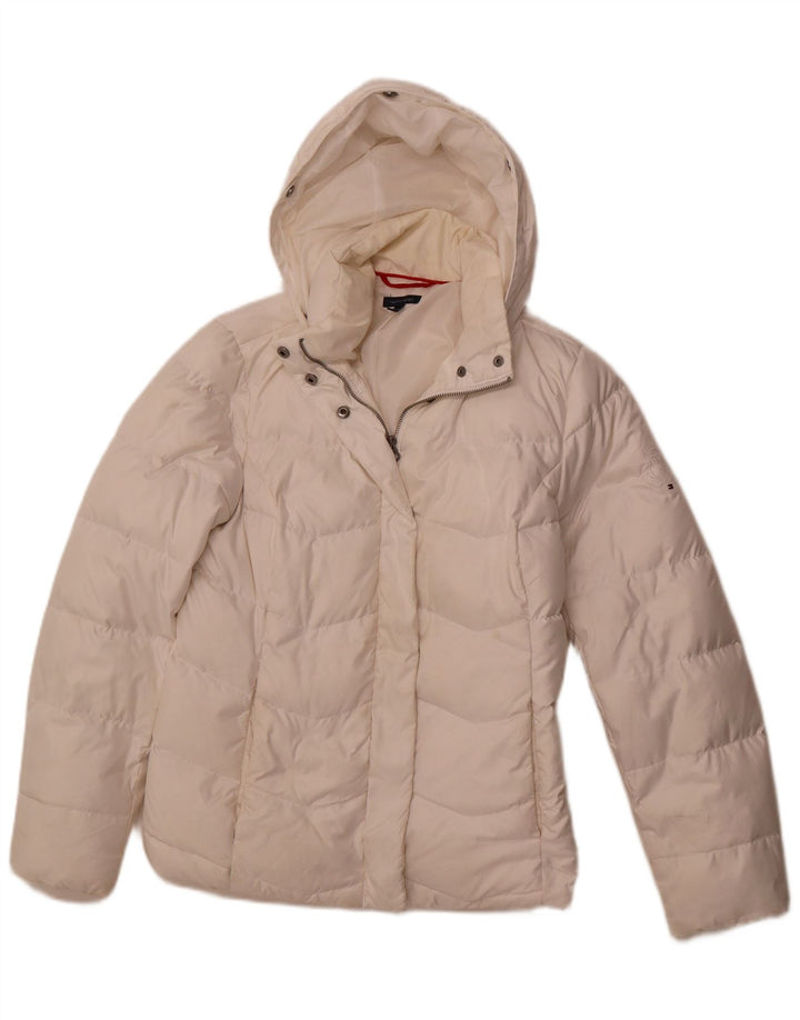 TOMMY HILFIGER Womens Hooded Padded Jacket UK 12 Medium White Polyester