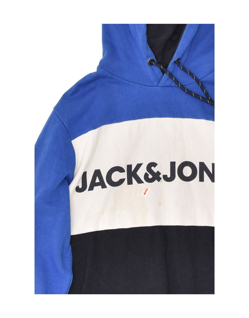 JACK & JONES Mens Graphic Hoodie Jumper Medium Blue Colourblock Cotton | Vintage Jack & Jones | Thrift | Second-Hand Jack & Jones | Used Clothing | Messina Hembry 