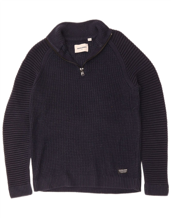 JACK & JONES Mens Zip Neck Jumper Sweater Large Navy Blue Cotton