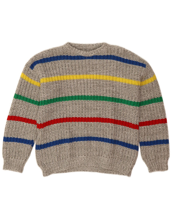 Vintage Mens Crew Neck Jumper Sweater Large Grey Striped
