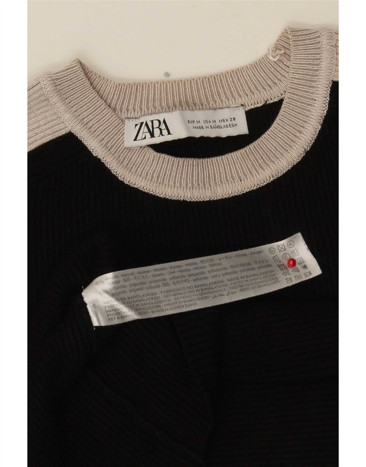 Zara Womens Long Sleeve Crop Blouse Top UK 12 Medium Black Colourblock