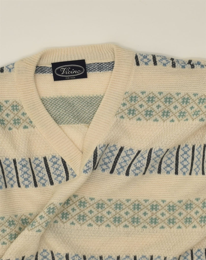 VINTAGE Mens V-Neck Jumper Sweater XL Beige Striped | Vintage Vintage | Thrift | Second-Hand Vintage | Used Clothing | Messina Hembry 