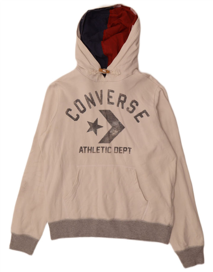 CONVERSE Womens Graphic Hoodie Jumper UK 14 Medium White Cotton